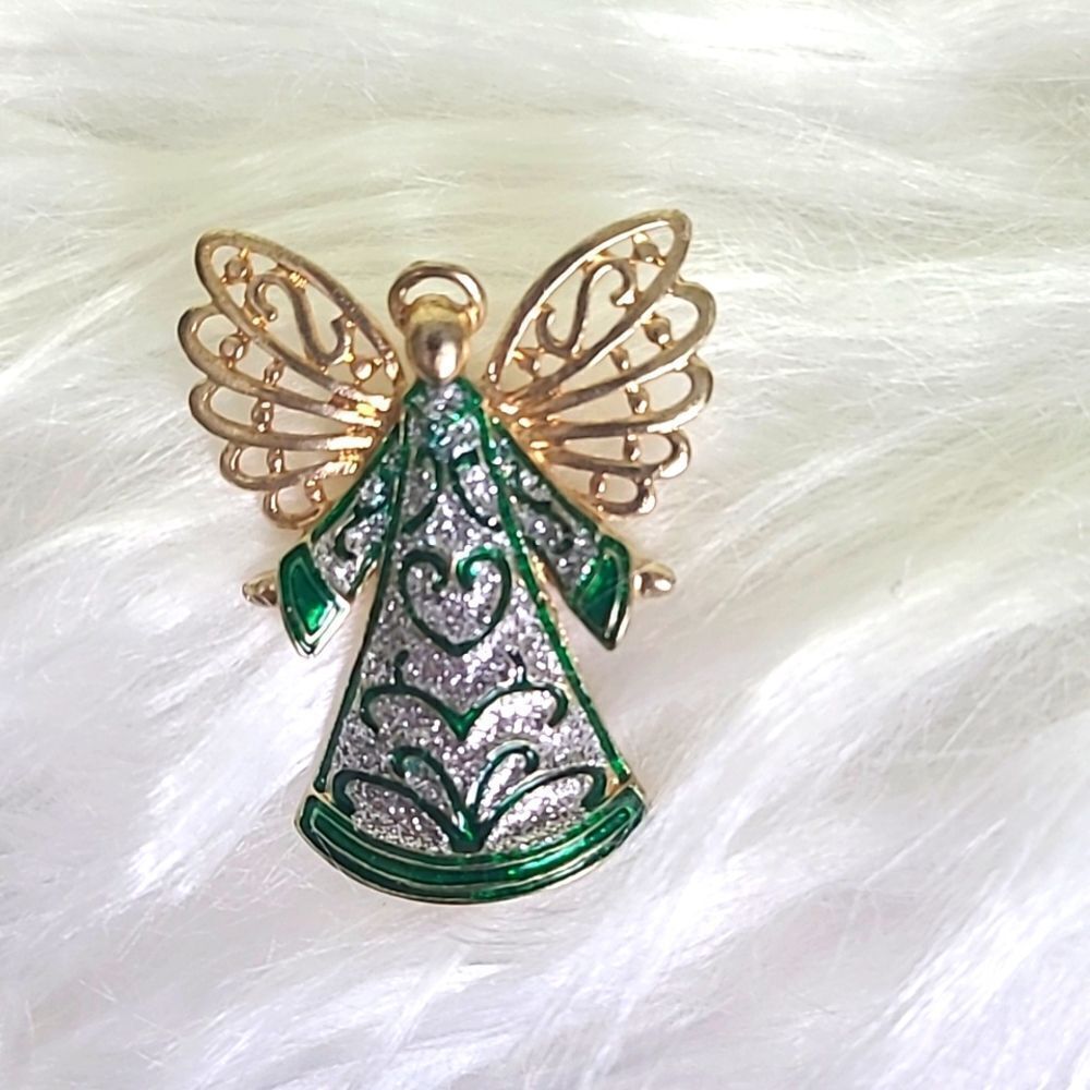 Holiday Angel Pin, Green & Silver with Gold Wings, NWOT
